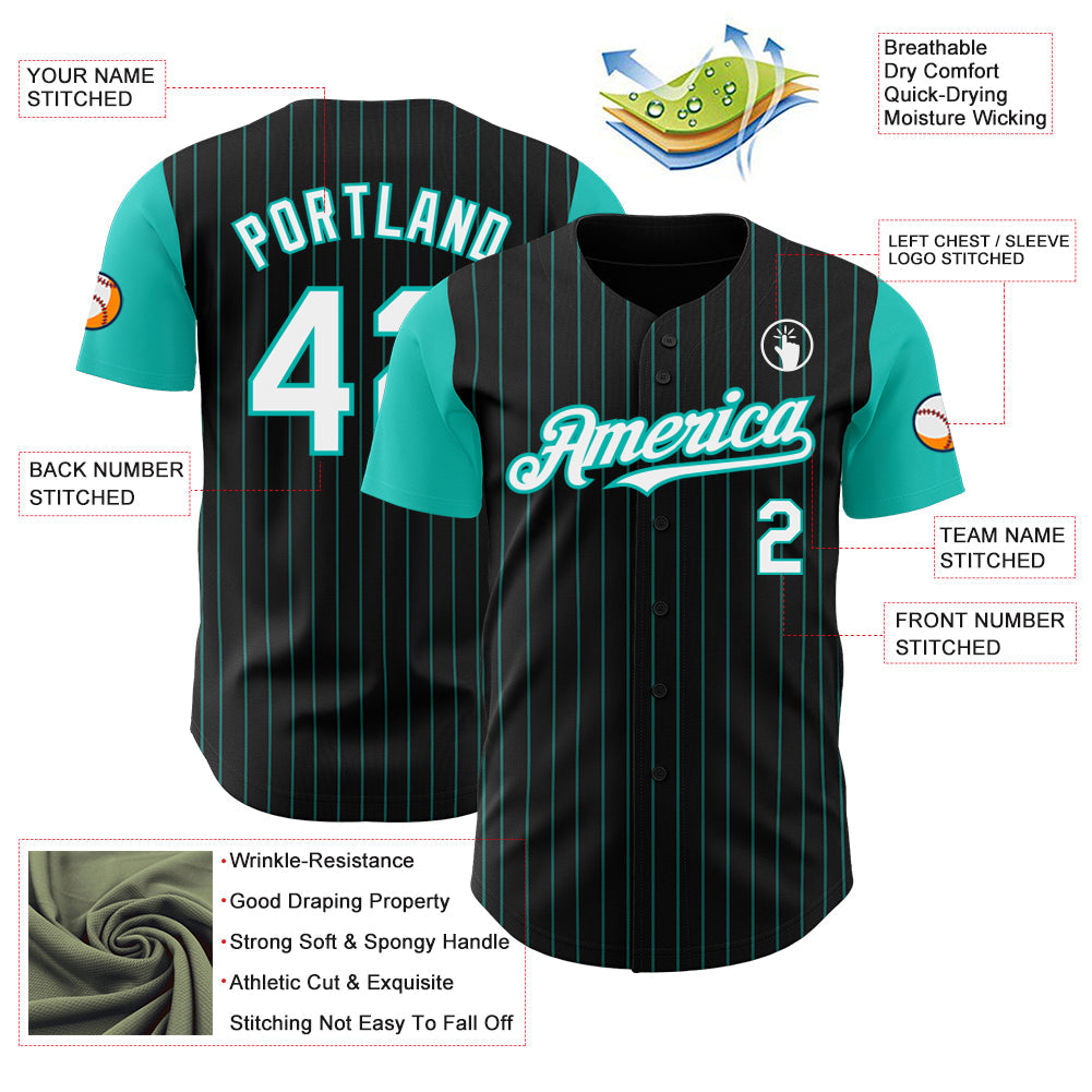 Custom Black Aqua Pinstripe White Authentic Two Tone Baseball Jersey view 3