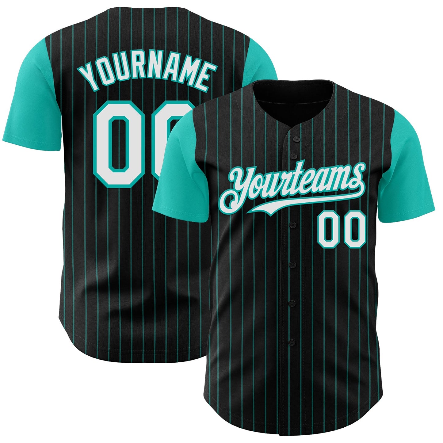 Custom Black Aqua Pinstripe White Authentic Two Tone Baseball Jersey - Main View