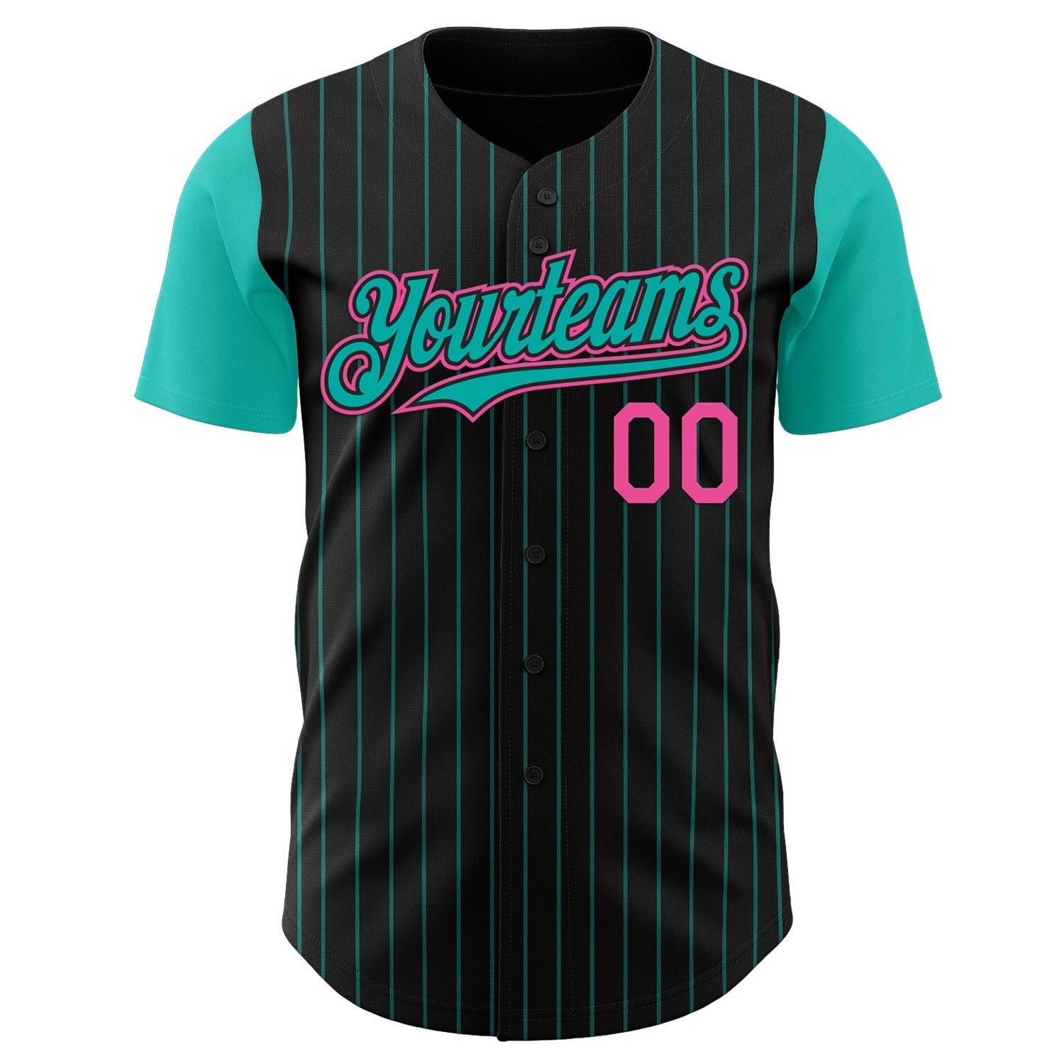 Custom Black Aqua Pinstripe Pink Authentic Two Tone Baseball Jersey view 2