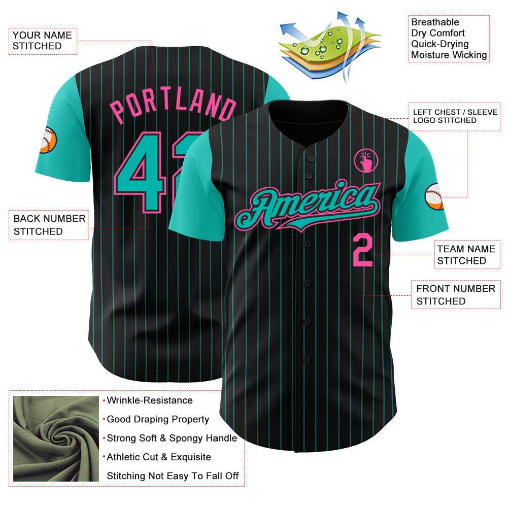 Custom Black Aqua Pinstripe Pink Authentic Two Tone Baseball Jersey view 3