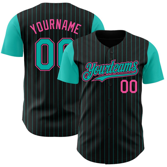 Custom Black Aqua Pinstripe Pink Authentic Two Tone Baseball Jersey - Main View