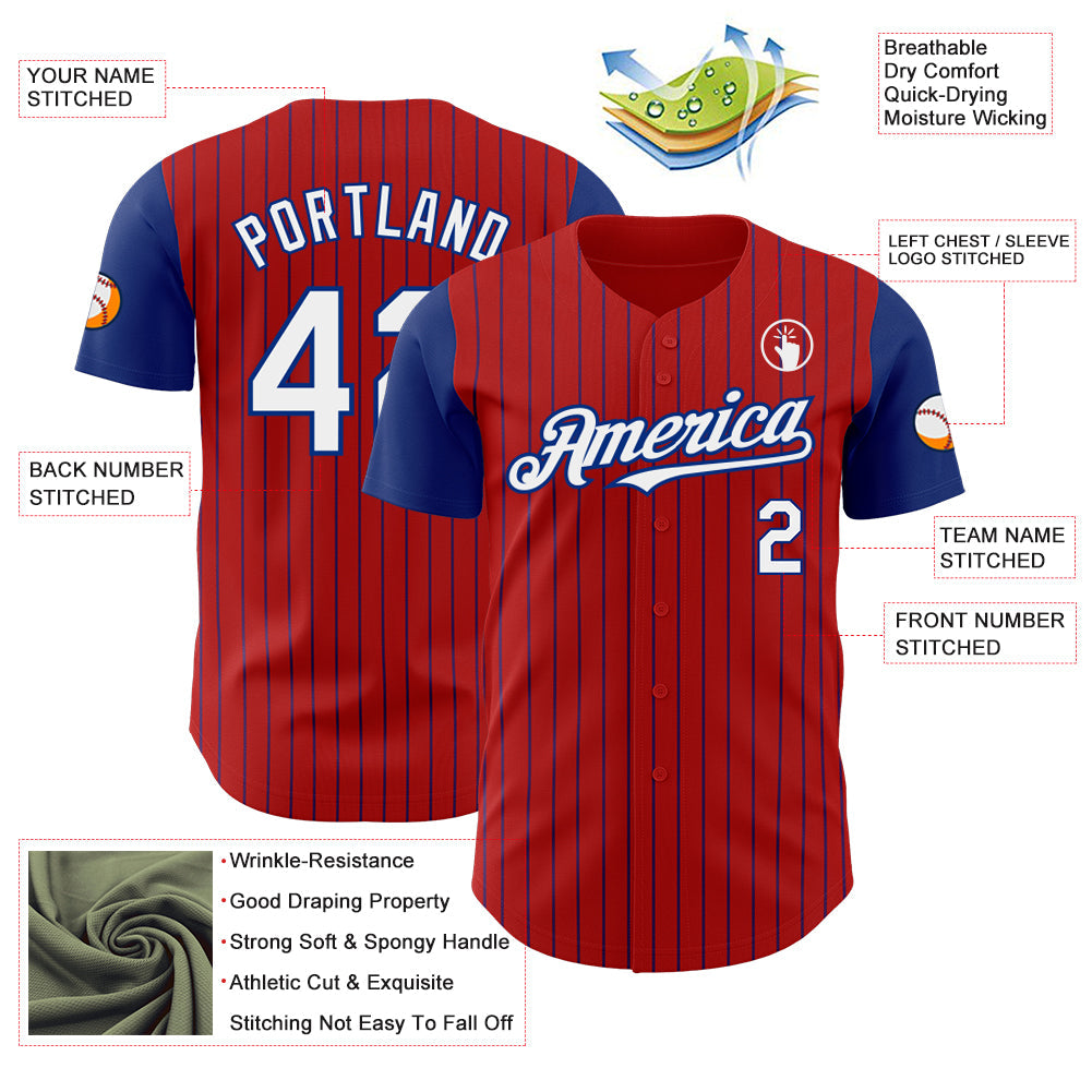 Custom Red Royal Pinstripe White Authentic Two Tone Baseball Jersey view 3