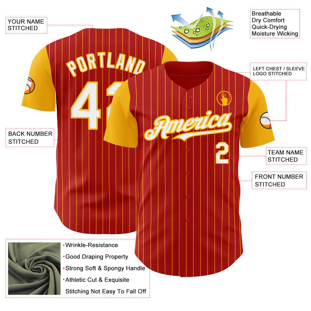 Custom Red Gold Pinstripe White Authentic Two Tone Baseball Jersey view 3