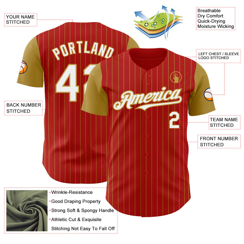 Custom Red Old Gold Pinstripe White Authentic Two Tone Baseball Jersey view 3