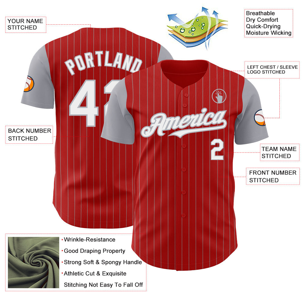 Custom Red Gray Pinstripe White Authentic Two Tone Baseball Jersey view 3