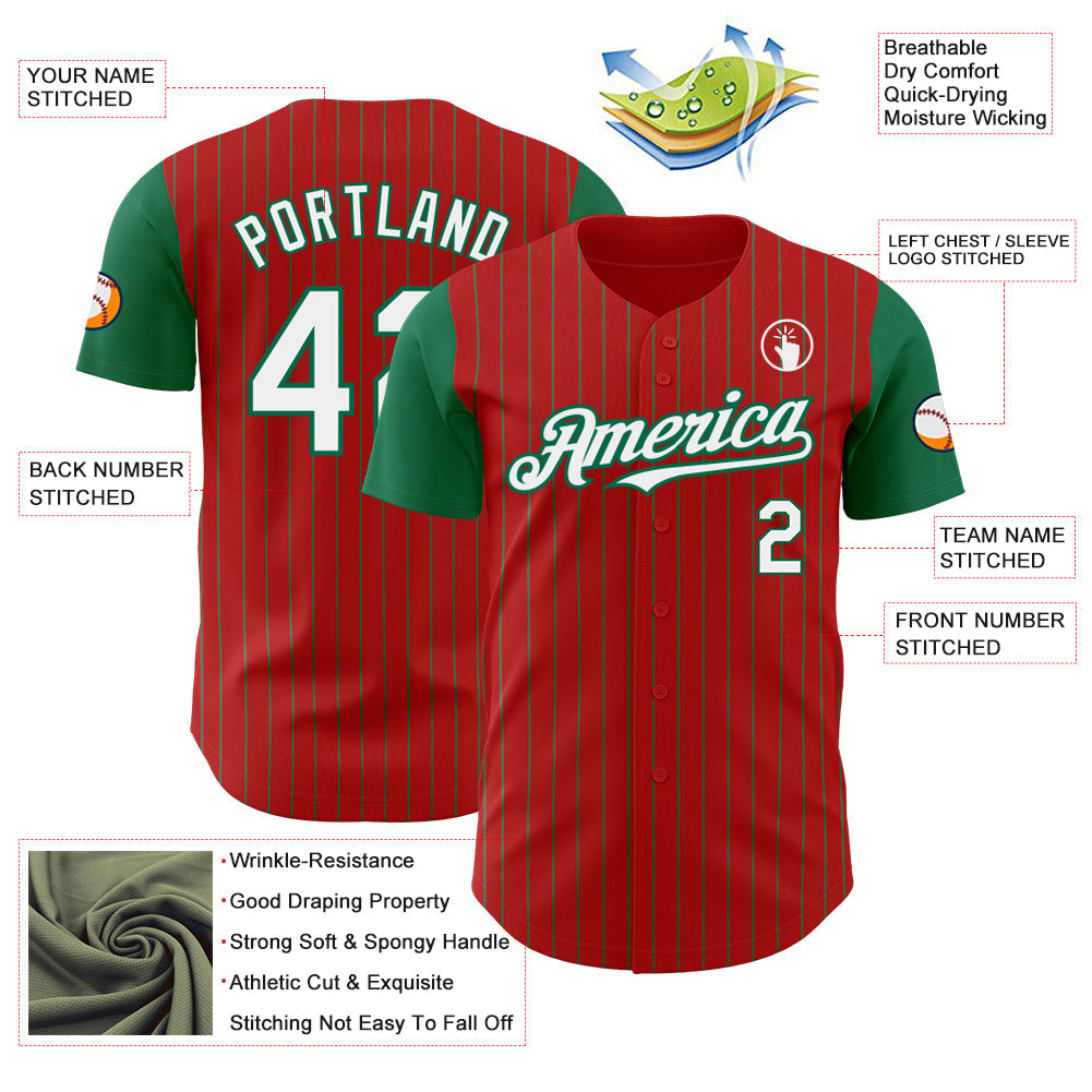 Custom Red Kelly Green Pinstripe White Authentic Two Tone Baseball Jersey view 3
