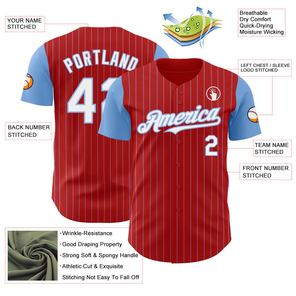 Custom Red Light Blue Pinstripe White Authentic Two Tone Baseball Jersey view 3