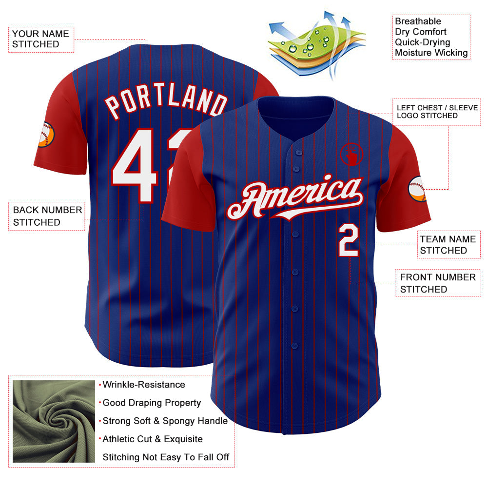 Custom Royal Red Pinstripe White Authentic Two Tone Baseball Jersey view 3