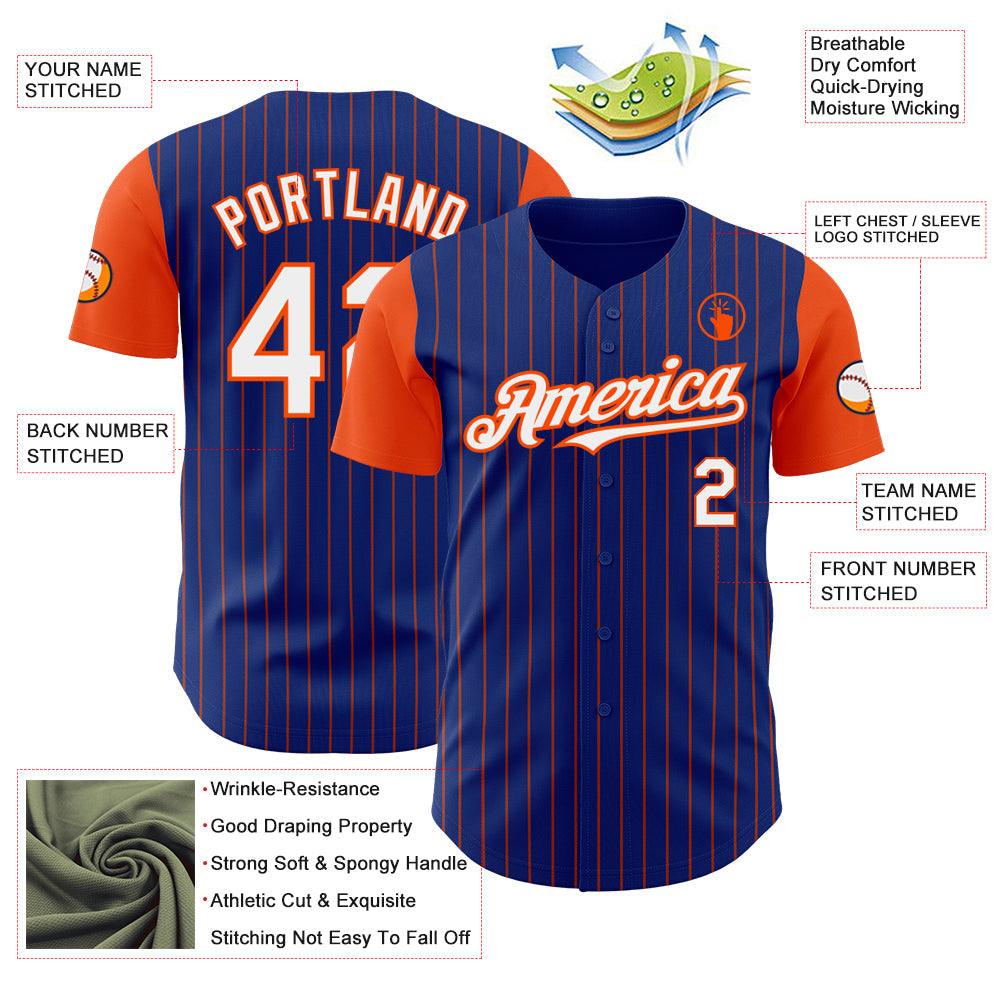 Custom Royal Orange Pinstripe White Authentic Two Tone Baseball Jersey view 3