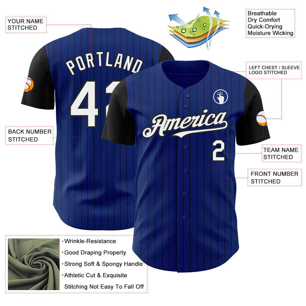 Custom Royal Black Pinstripe White Authentic Two Tone Baseball Jersey view 3