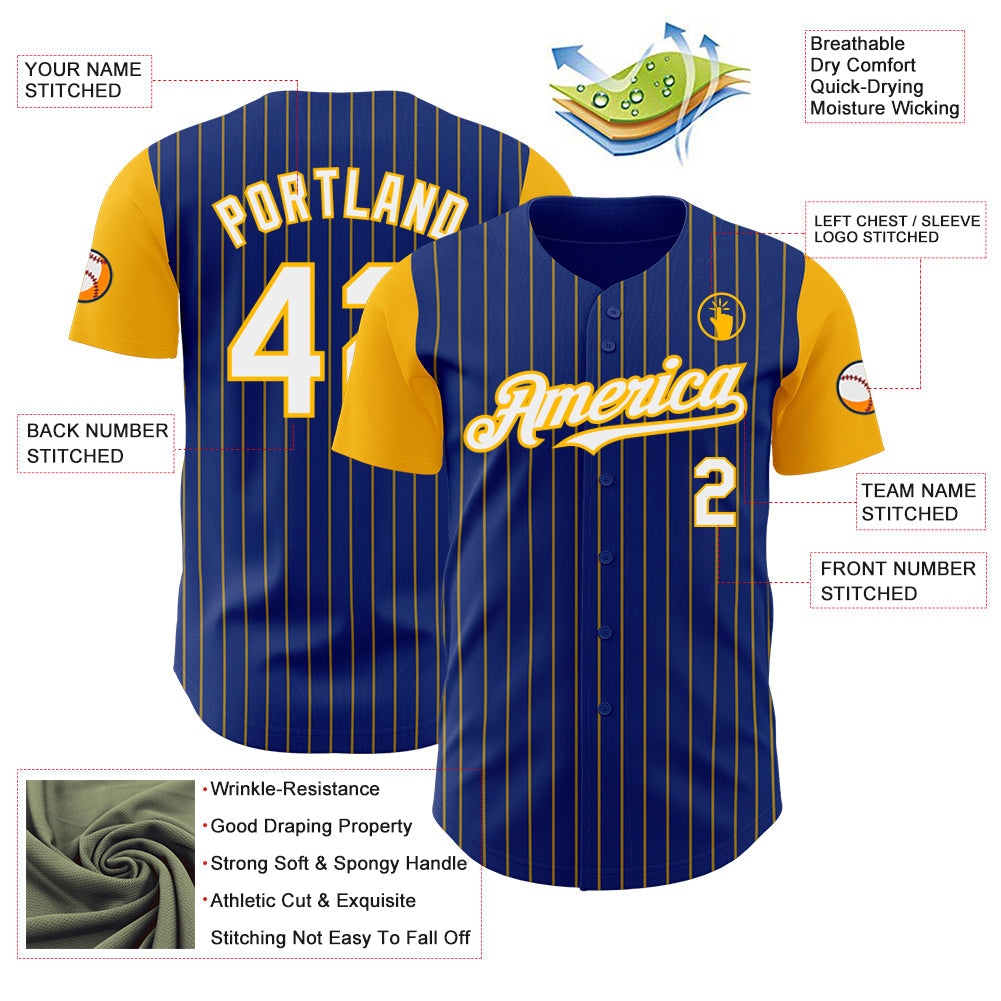 Custom Royal Gold Pinstripe White Authentic Two Tone Baseball Jersey view 3