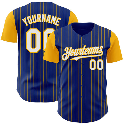 Custom Royal Gold Pinstripe White Authentic Two Tone Baseball Jersey - Main View