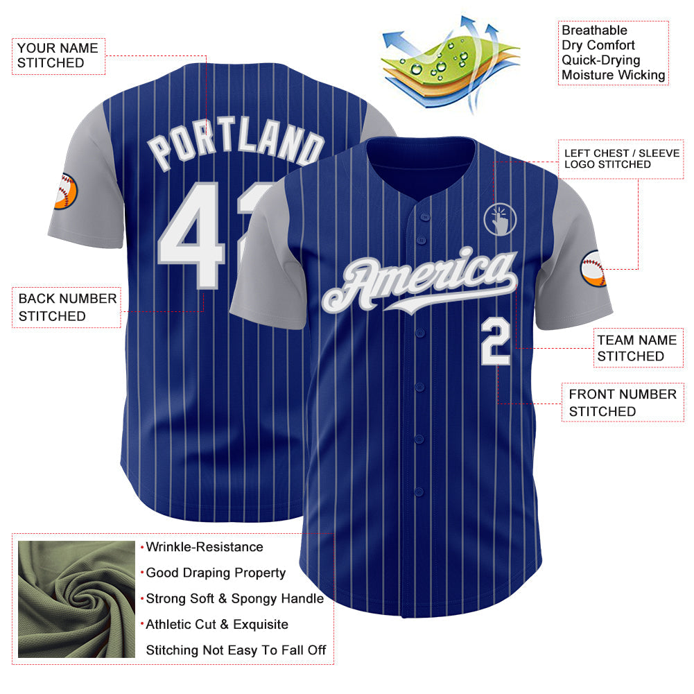 Custom Royal Gray Pinstripe White Authentic Two Tone Baseball Jersey view 3