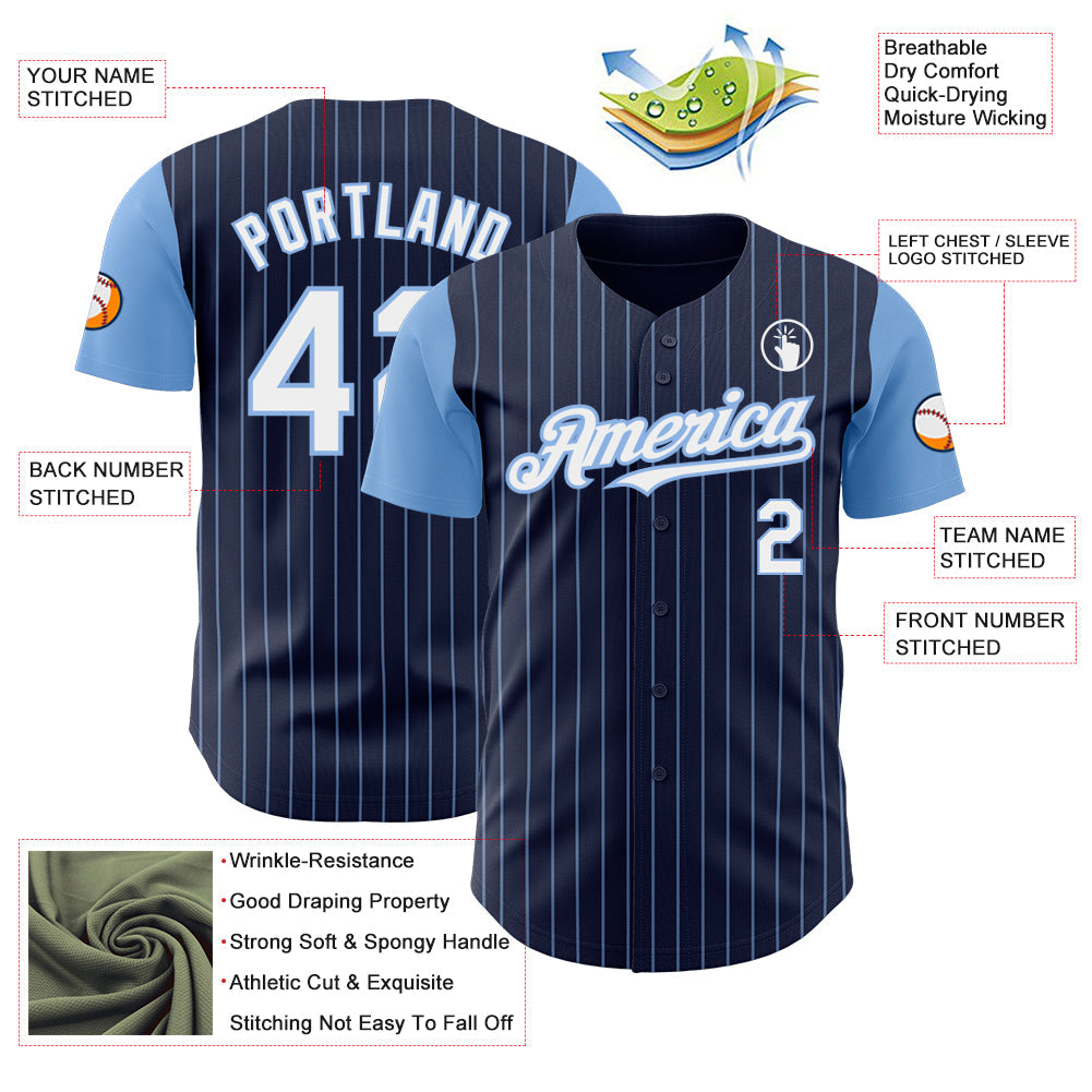 Custom Navy Light Blue Pinstripe White Authentic Two Tone Baseball Jersey view 3