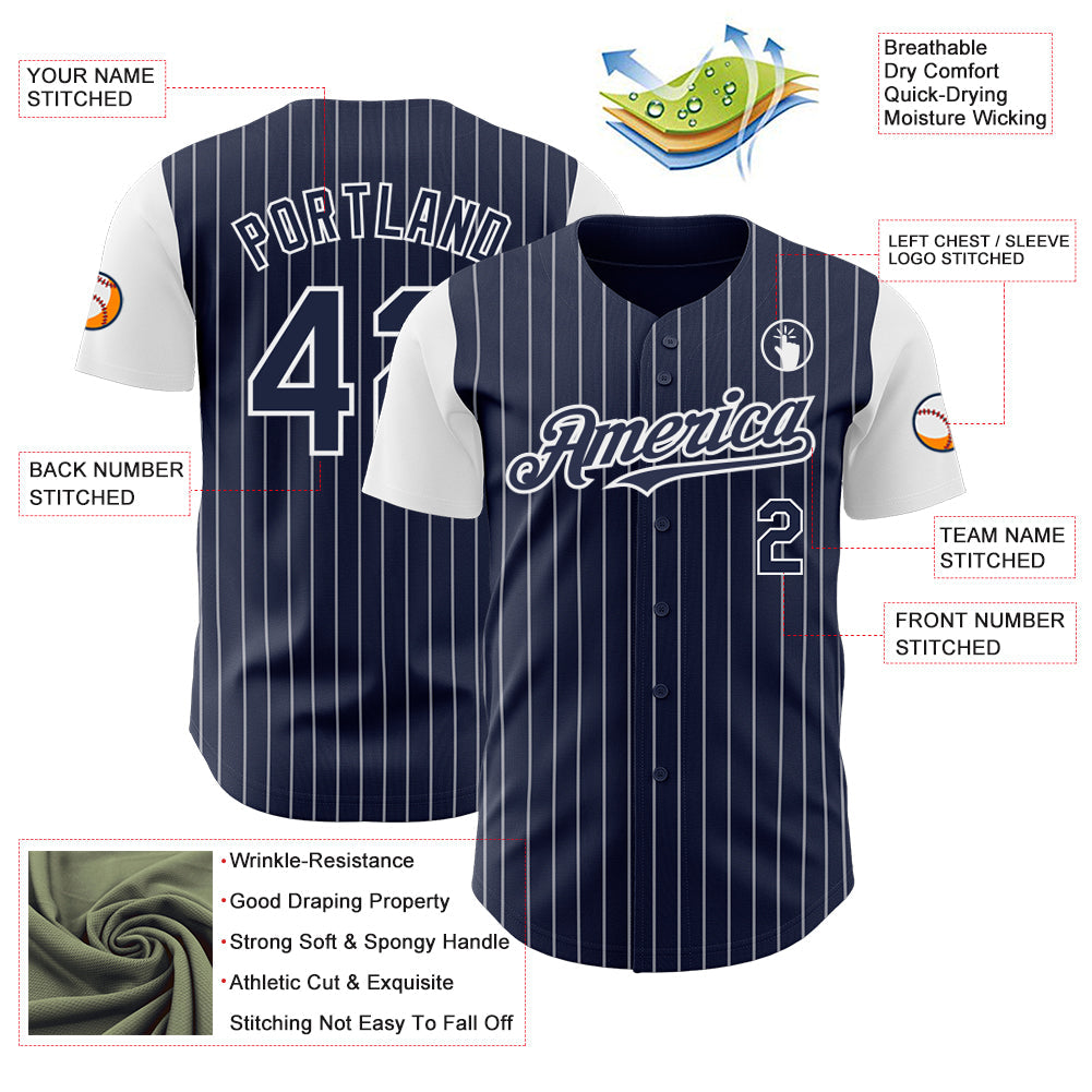 Custom Navy White Pinstripe White Authentic Two Tone Baseball Jersey view 3
