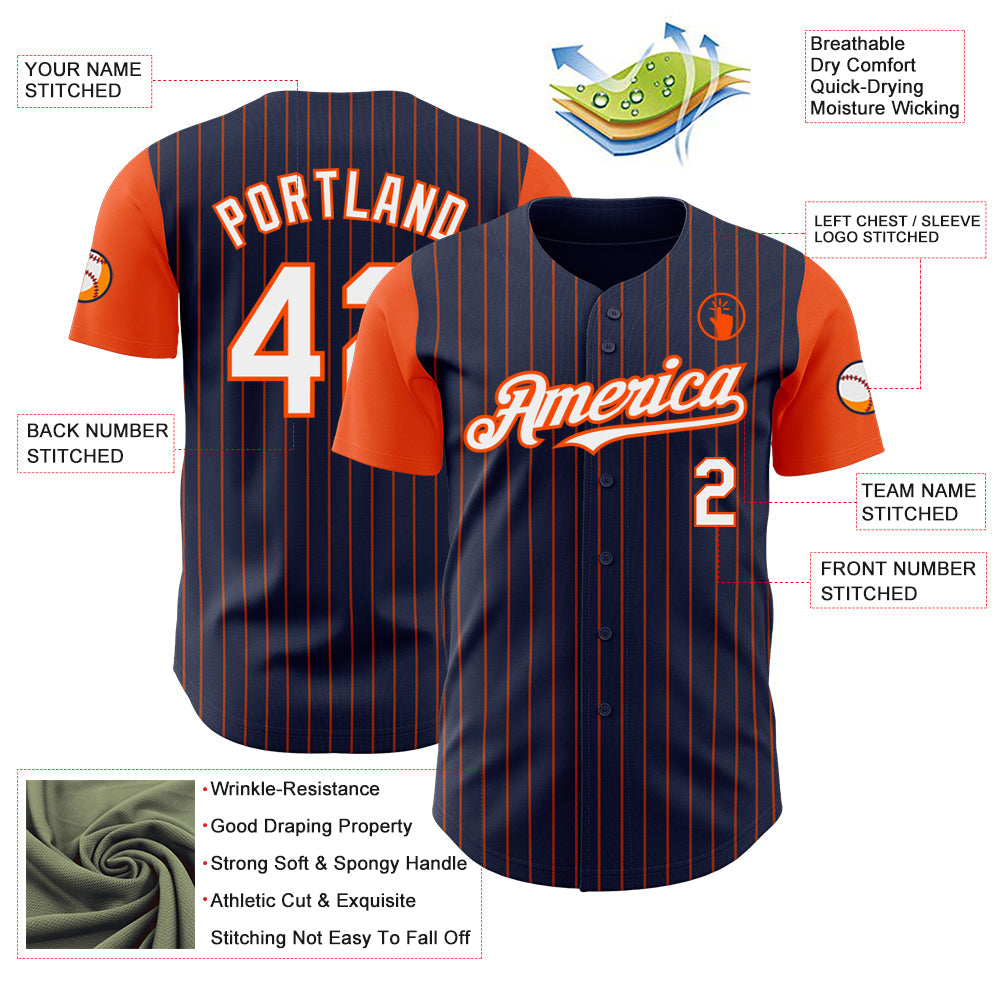Custom Navy Orange Pinstripe White Authentic Two Tone Baseball Jersey view 3
