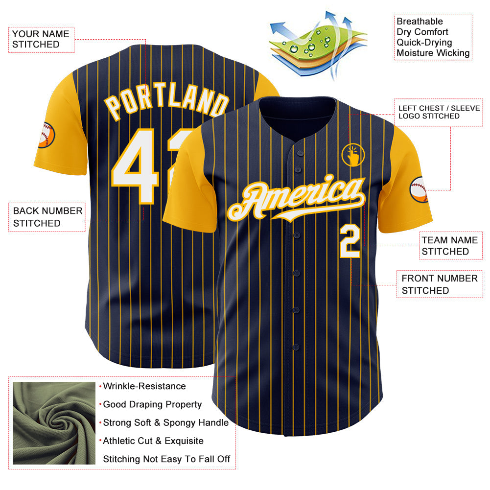 Custom Navy Gold Pinstripe White Authentic Two Tone Baseball Jersey view 3