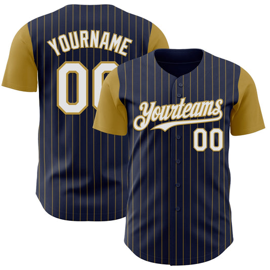 Custom Navy Old Gold Pinstripe White Authentic Two Tone Baseball Jersey - Main View