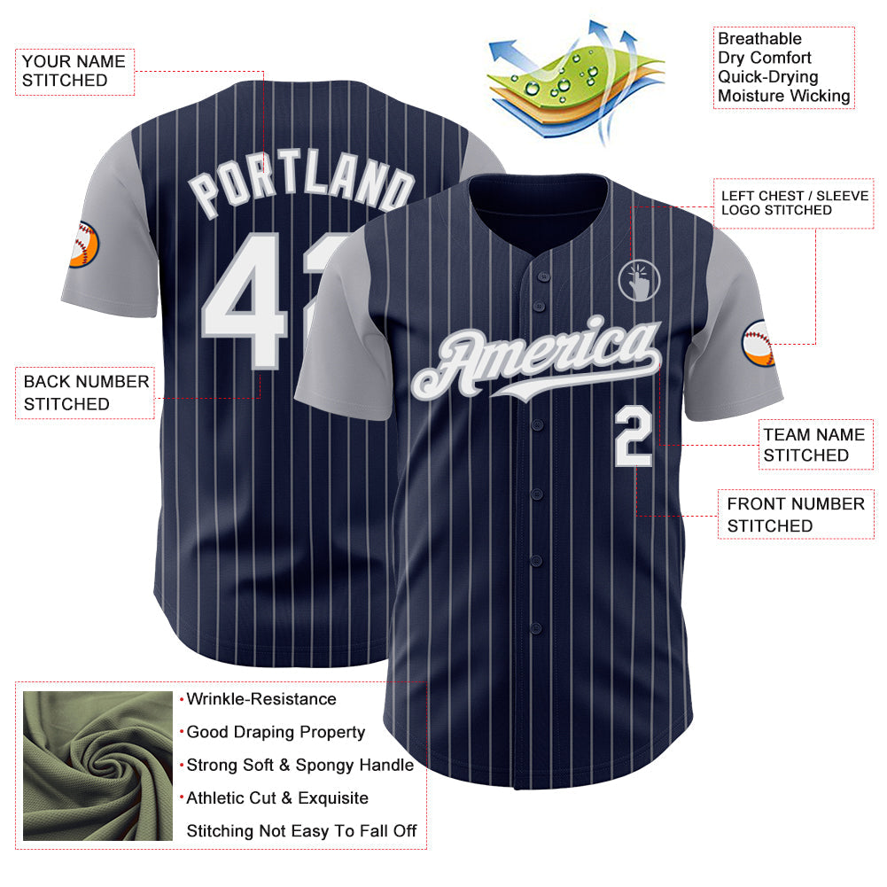 Custom Navy Gray Pinstripe White Authentic Two Tone Baseball Jersey view 3
