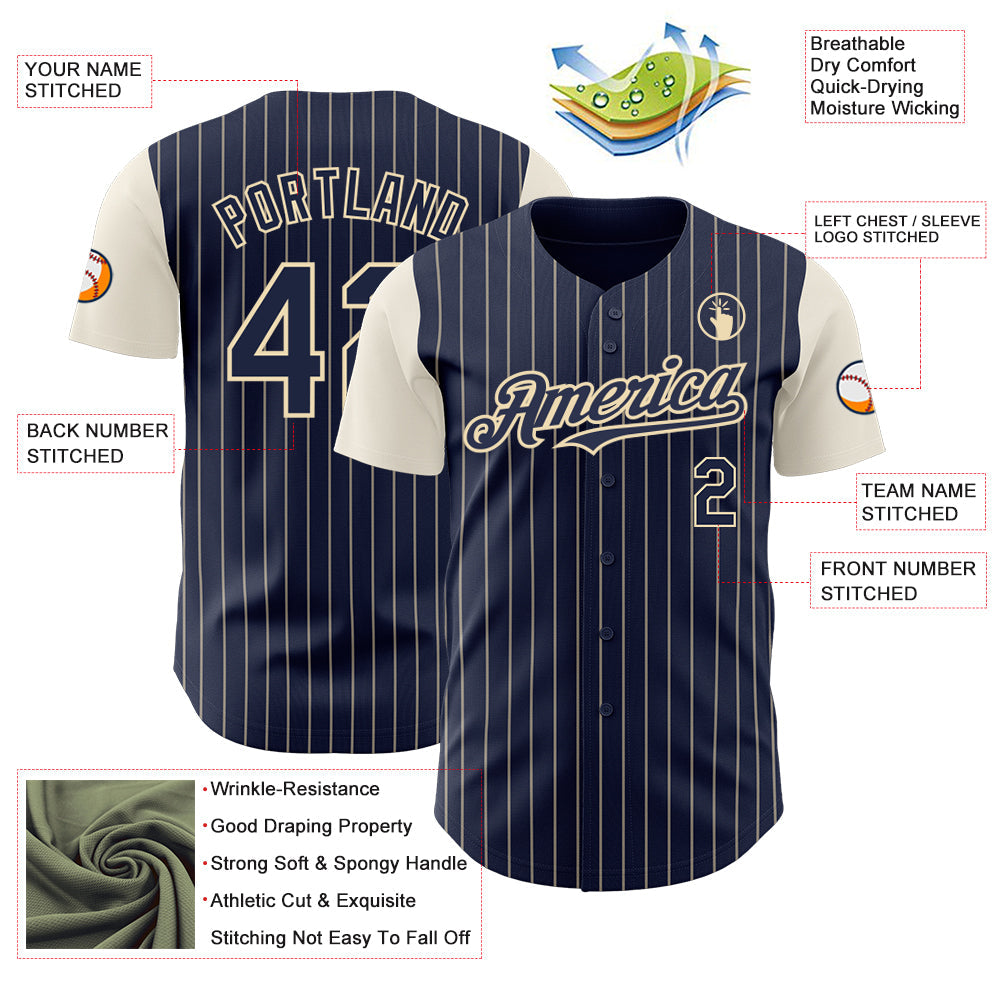 Custom Navy Cream Pinstripe Cream Authentic Two Tone Baseball Jersey view 3
