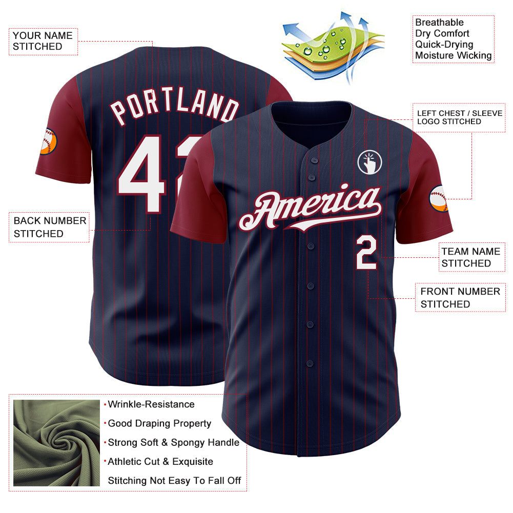 Custom Navy Crimson Pinstripe White Authentic Two Tone Baseball Jersey view 3