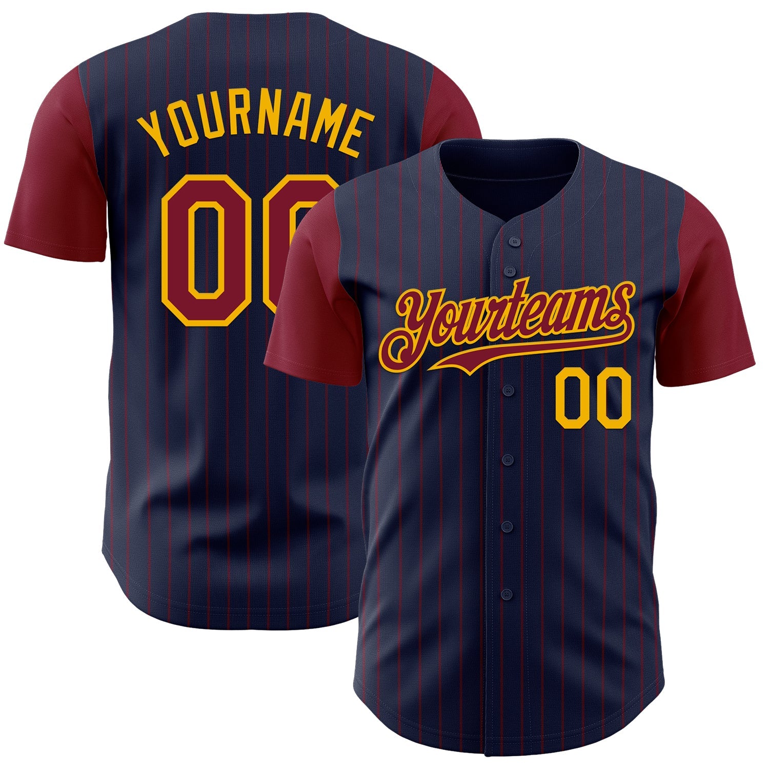 Custom Navy Crimson Pinstripe Gold Authentic Two Tone Baseball Jersey - Main View