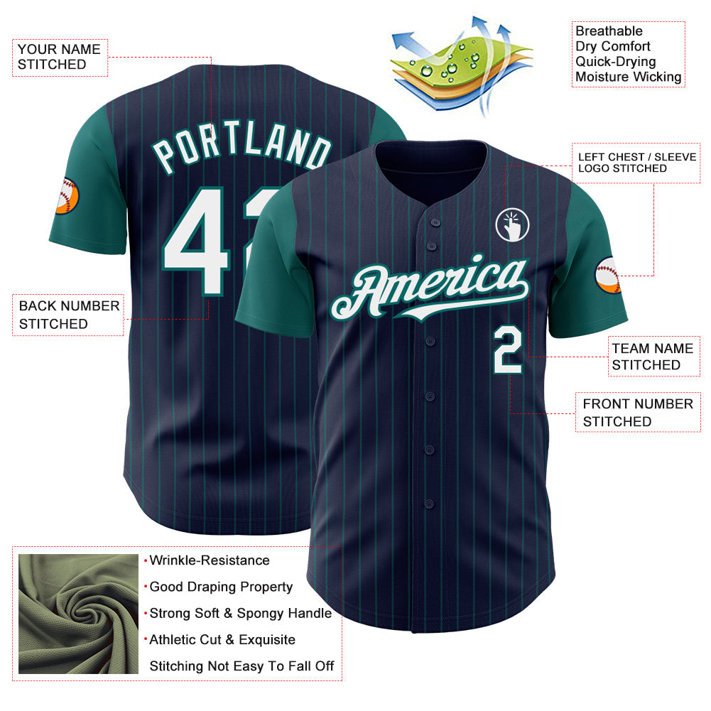 Custom Navy Teal Pinstripe White Authentic Two Tone Baseball Jersey view 3
