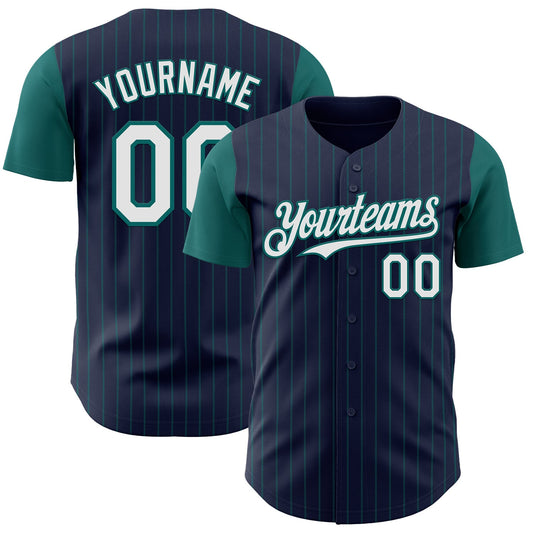 Custom Navy Teal Pinstripe White Authentic Two Tone Baseball Jersey - Main View