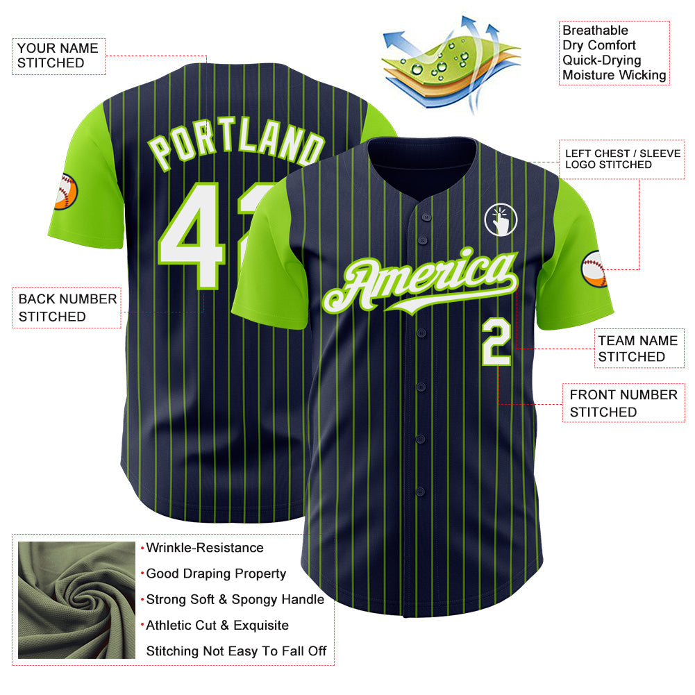 Custom Navy Neon Green Pinstripe White Authentic Two Tone Baseball Jersey view 3