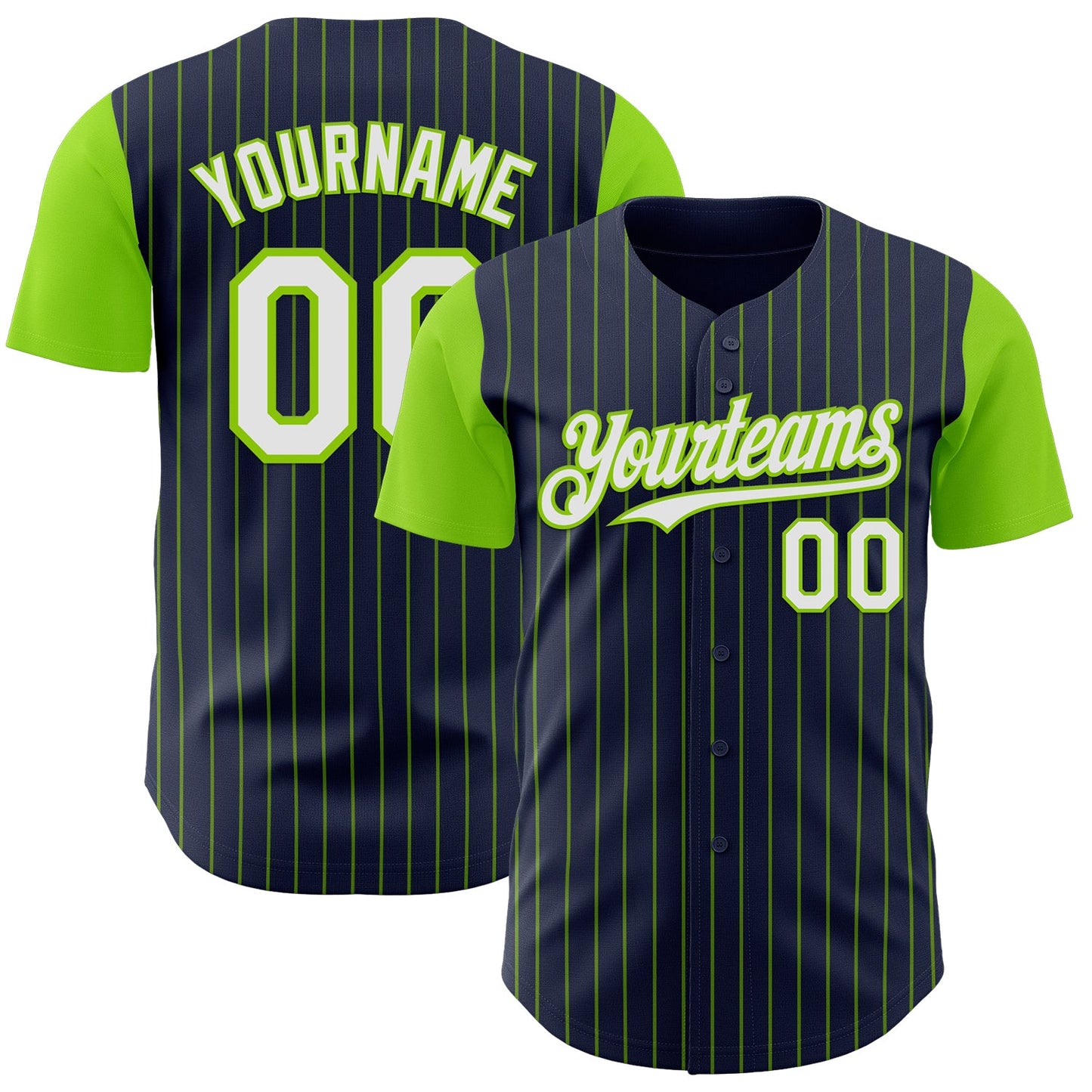 Custom Navy Neon Green Pinstripe White Authentic Two Tone Baseball Jersey - Main View