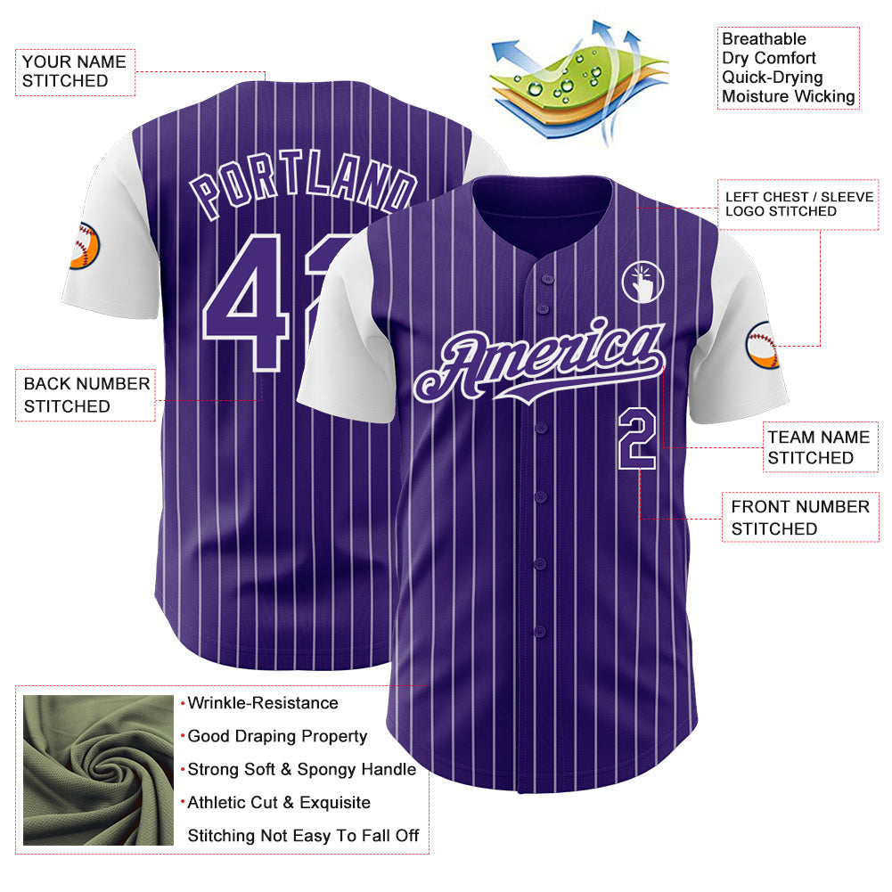 Custom Purple White Pinstripe White Authentic Two Tone Baseball Jersey view 3