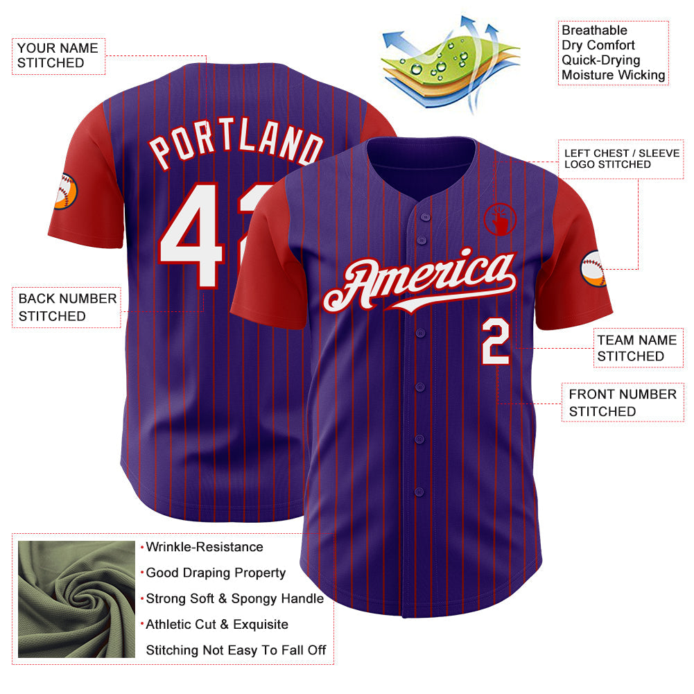 Custom Purple Red Pinstripe White Authentic Two Tone Baseball Jersey view 3