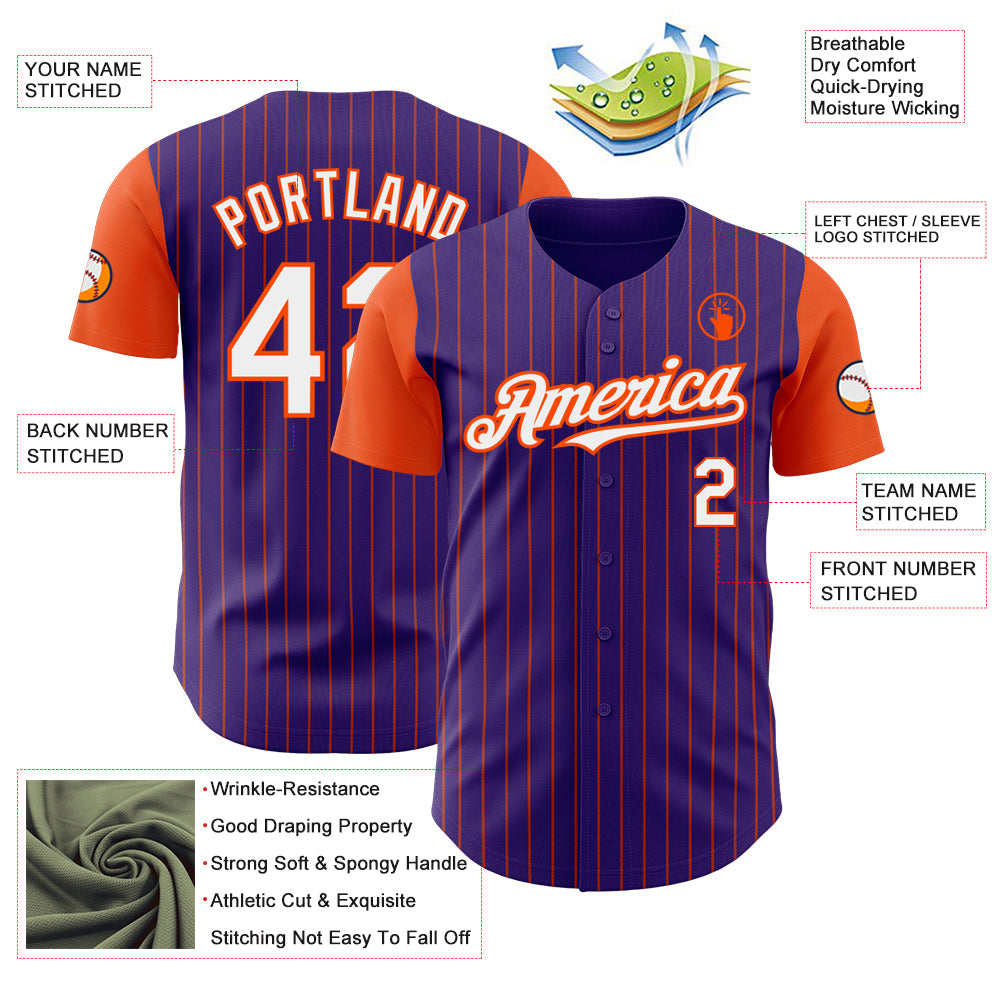 Custom Purple Orange Pinstripe White Authentic Two Tone Baseball Jersey view 3