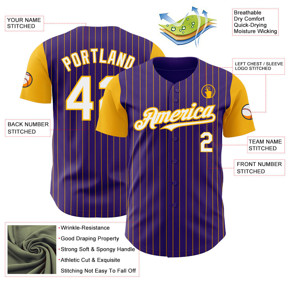 Custom Purple Gold Pinstripe White Authentic Two Tone Baseball Jersey view 3