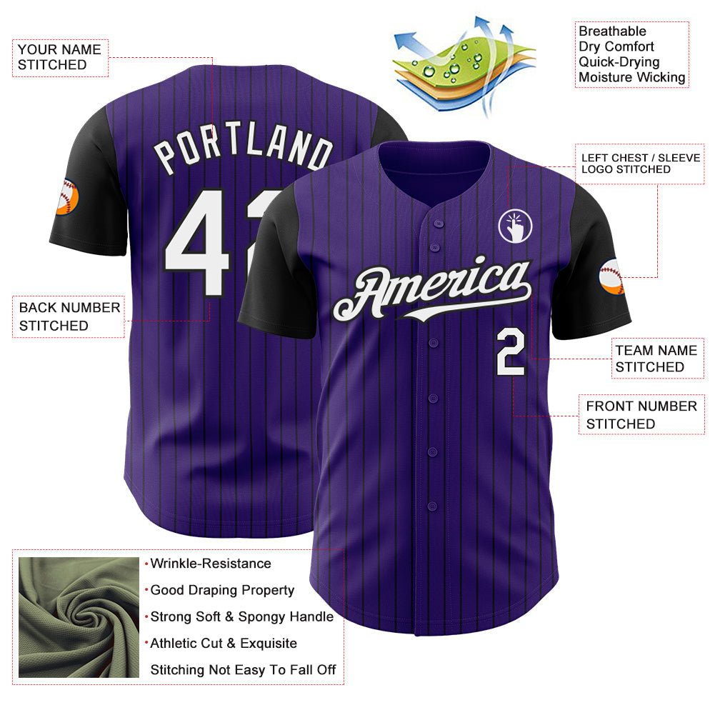 Custom Purple Black Pinstripe White Authentic Two Tone Baseball Jersey view 3