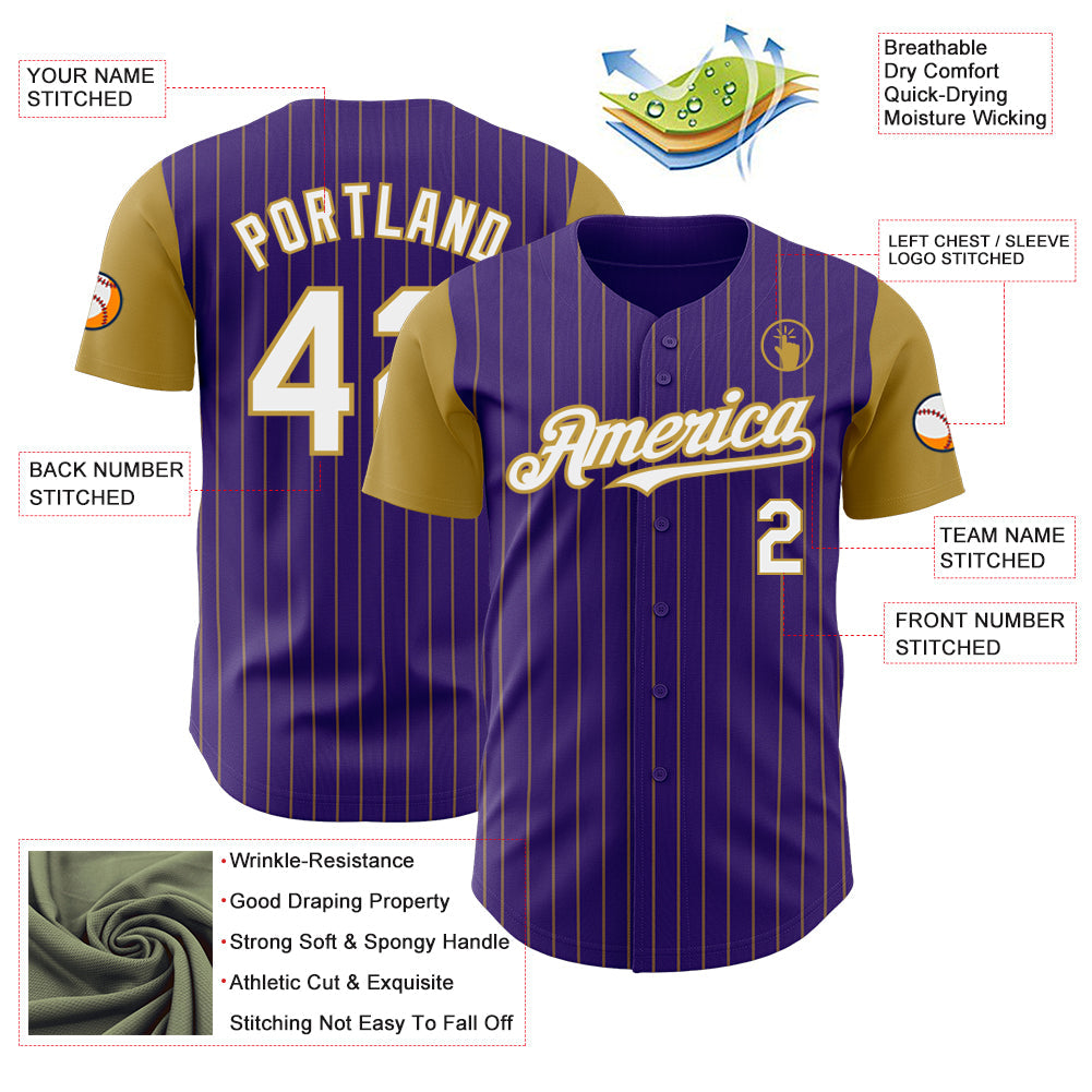 Custom Purple Old Gold Pinstripe White Authentic Two Tone Baseball Jersey view 3