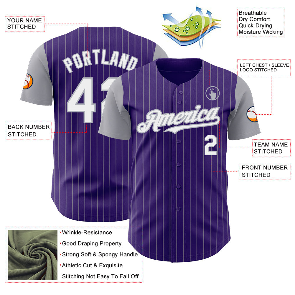 Custom Purple Gray Pinstripe White Authentic Two Tone Baseball Jersey view 3