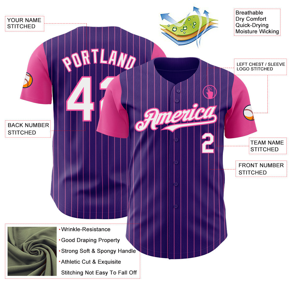 Custom Purple Pink Pinstripe White Authentic Two Tone Baseball Jersey view 3