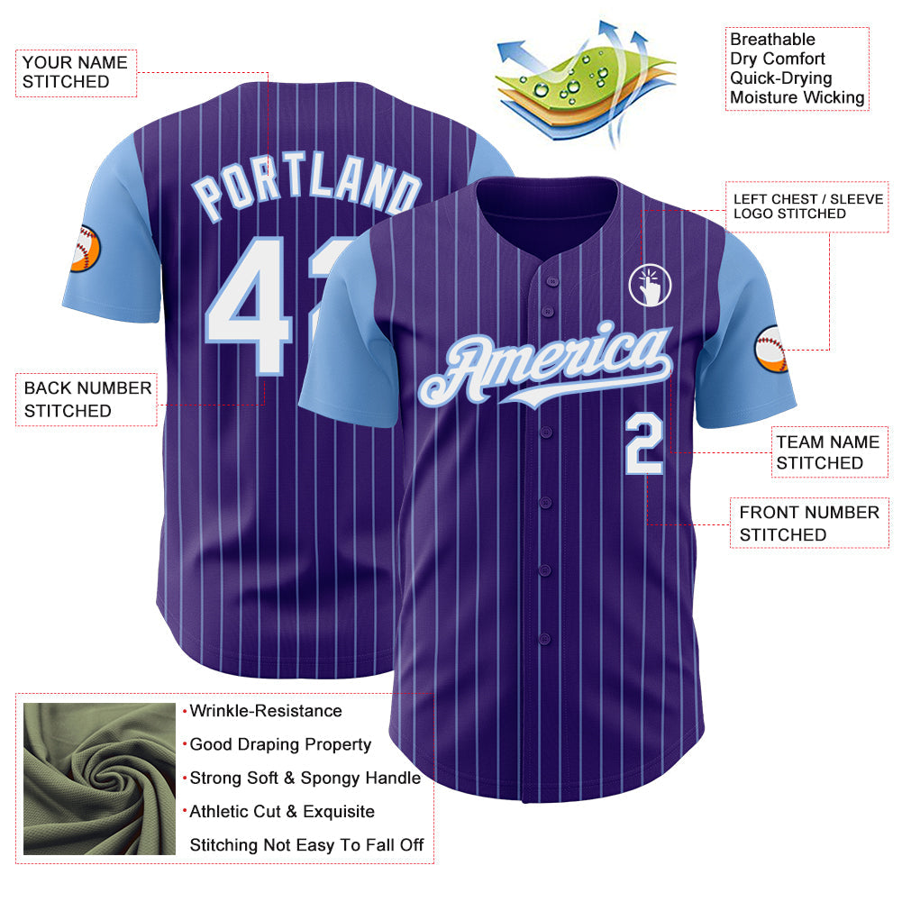 Custom Purple Light Blue Pinstripe White Authentic Two Tone Baseball Jersey view 3