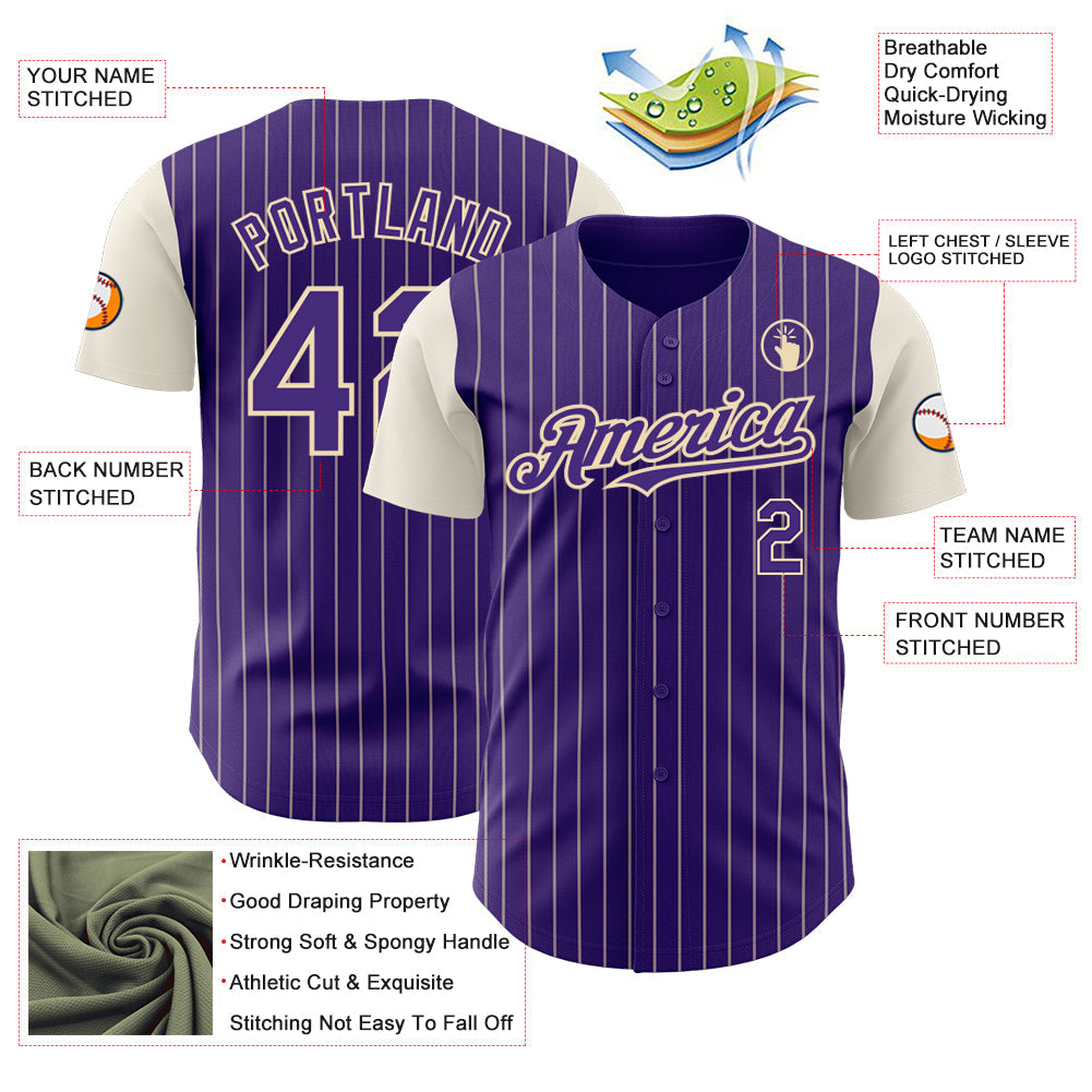Custom Purple Cream Pinstripe Cream Authentic Two Tone Baseball Jersey view 3
