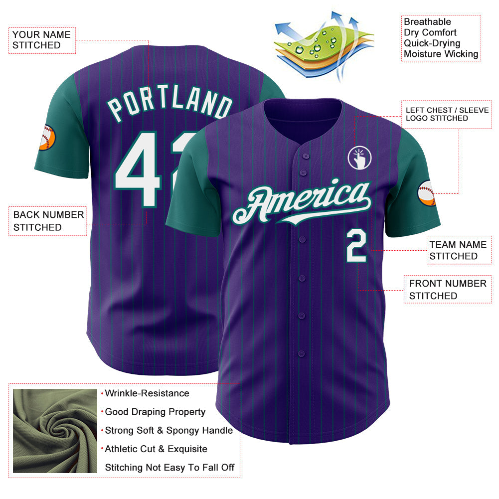 Custom Purple Teal Pinstripe White Authentic Two Tone Baseball Jersey view 3