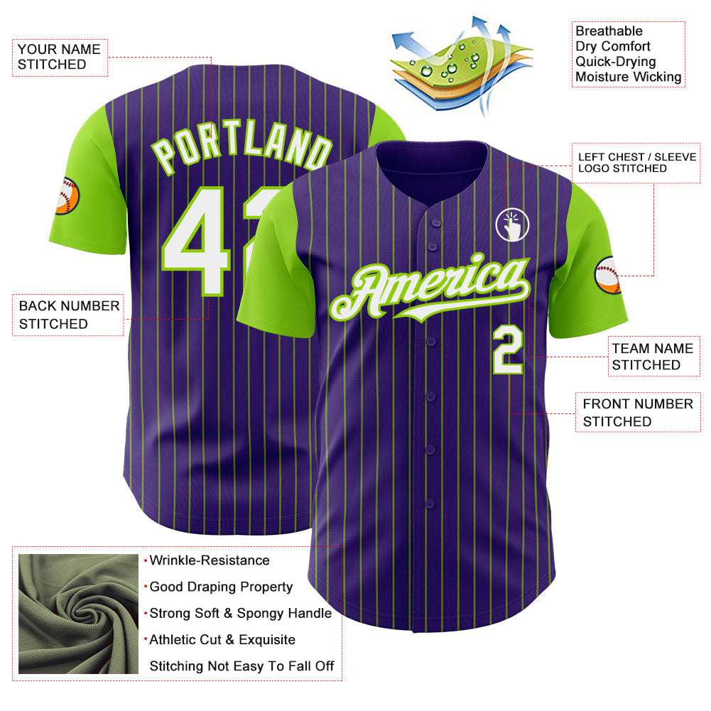 Custom Purple Neon Green Pinstripe White Authentic Two Tone Baseball Jersey view 3