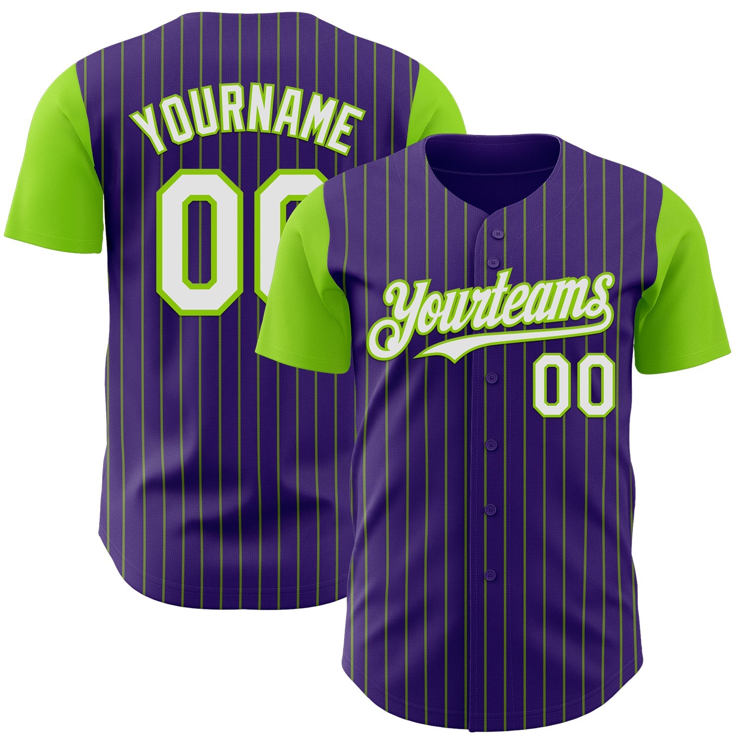 Custom Purple Neon Green Pinstripe White Authentic Two Tone Baseball Jersey - Main View