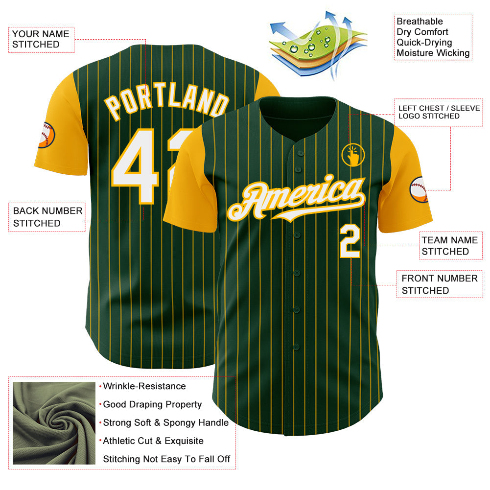 Custom Green Gold Pinstripe White Authentic Two Tone Baseball Jersey view 3