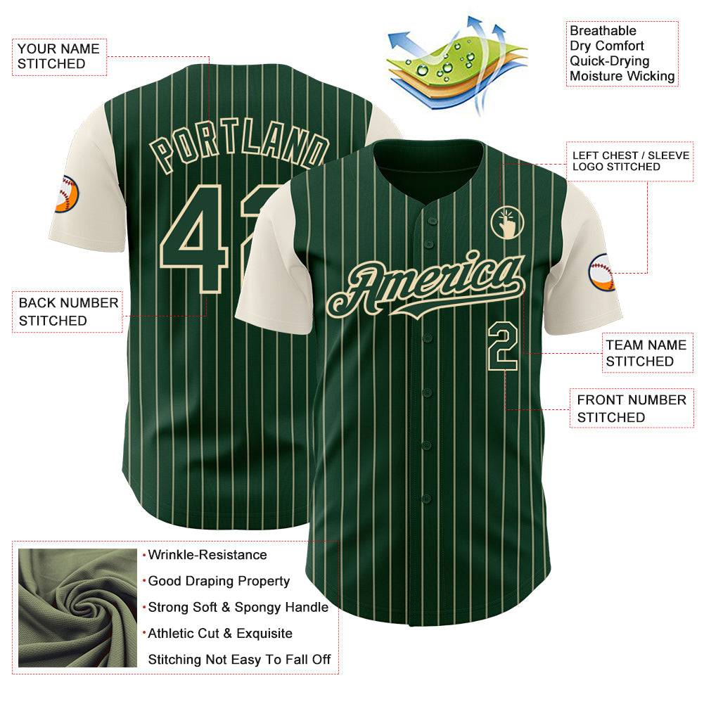 Custom Green Cream Pinstripe Cream Authentic Two Tone Baseball Jersey view 3