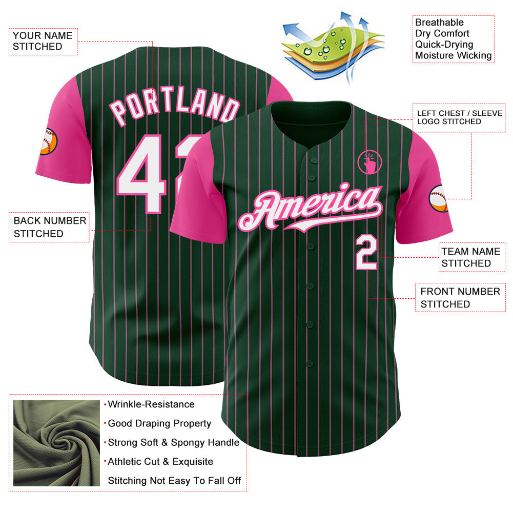 Custom Green Pink Pinstripe White Authentic Two Tone Baseball Jersey view 3