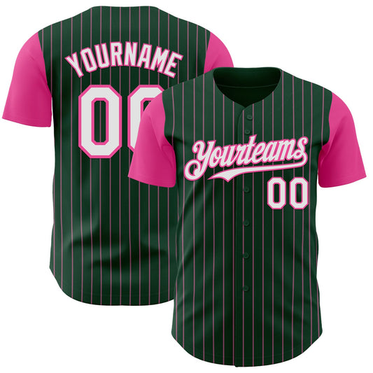 Custom Green Pink Pinstripe White Authentic Two Tone Baseball Jersey - Main View