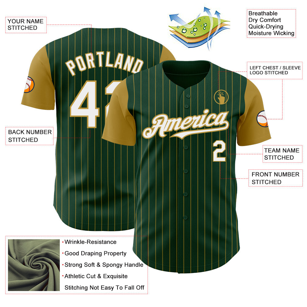 Custom Green Old Gold Pinstripe White Authentic Two Tone Baseball Jersey view 3
