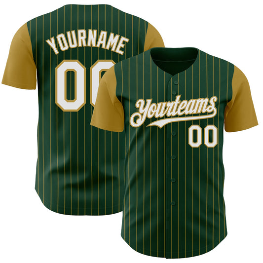 Custom Green Old Gold Pinstripe White Authentic Two Tone Baseball Jersey - Main View