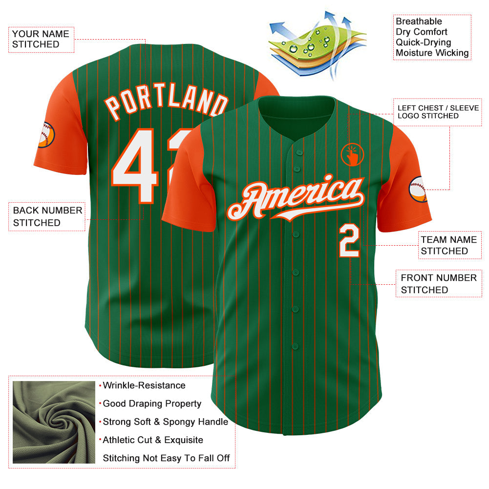 Custom Kelly Green Orange Pinstripe White Authentic Two Tone Baseball Jersey view 3
